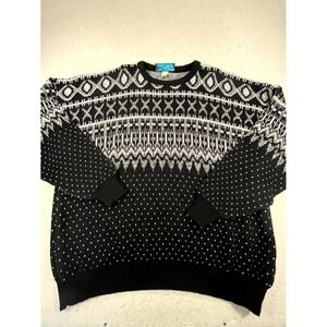 Vintage Bronzini Sweater Mens 2X Black White‎ Nordic Fair Isle Tight Knit Ribbed